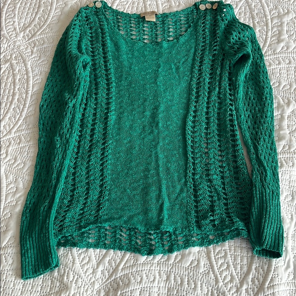 Lucky Brand Green Delicate Open-Knit Sweater with Buttons on Shoulder